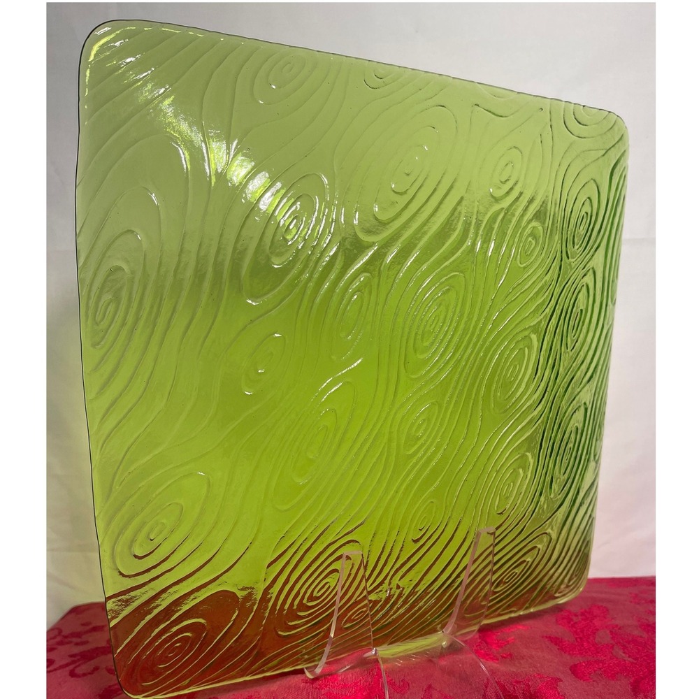 Vintage MCM Green Art Glass Platter Tray Square Swirls Lines 11.25in 1960s